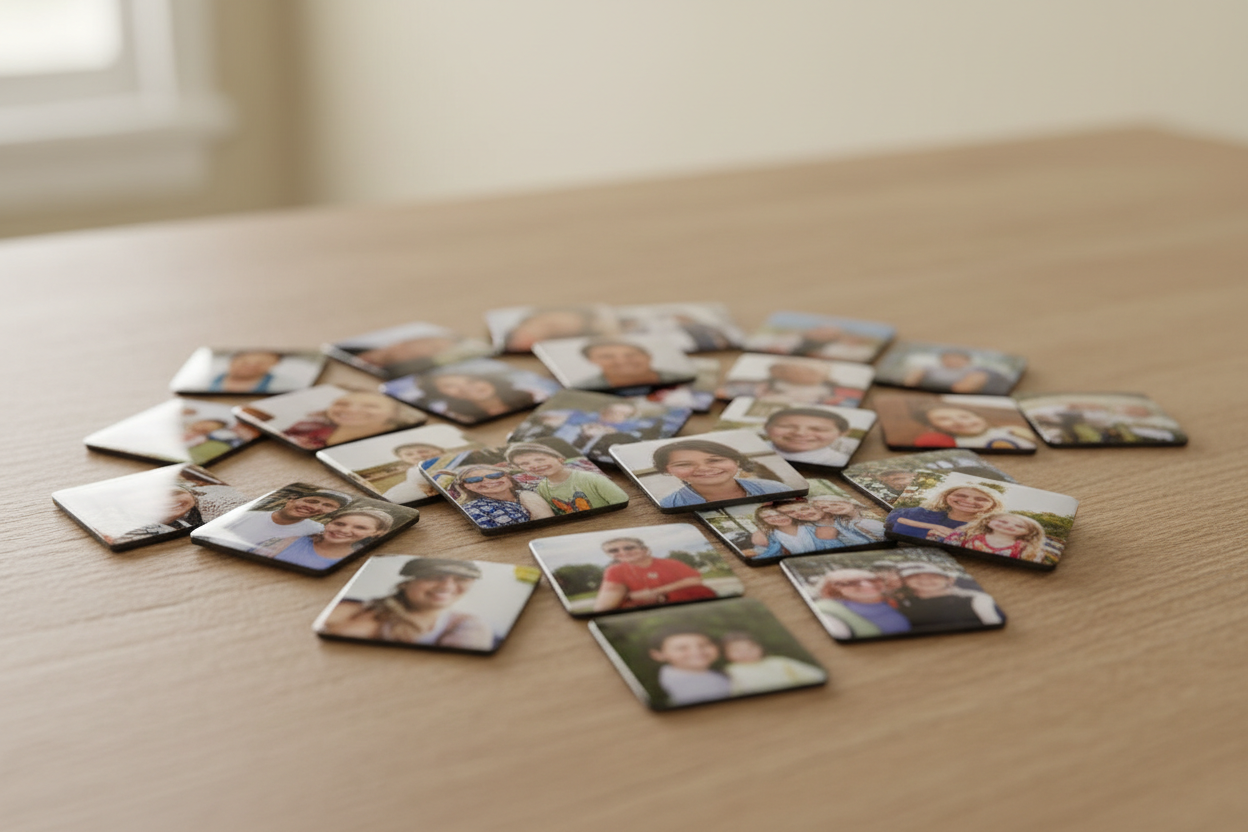 scattered stack of 50 thin square glossy photo magnets