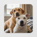 small square photo-like coaster/magnet of a yellow lab & all white staffy, females